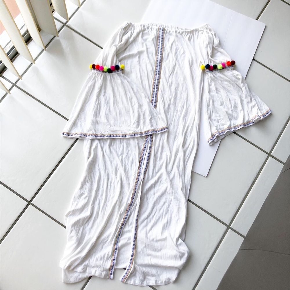 Pitusa White Coverup with Colorful Pom-Poms